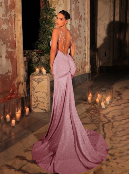 فستان سهرة ماكسي طويل ذو حمالات سباجيتي مز ركن ، شق جانبي أسماك القرش